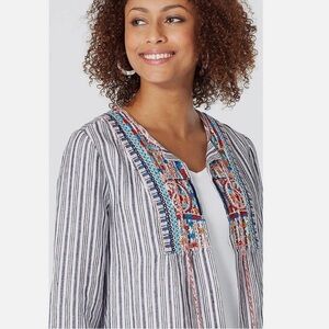 J Jill Love Linen Embroidered Striped Tunic Top Size M